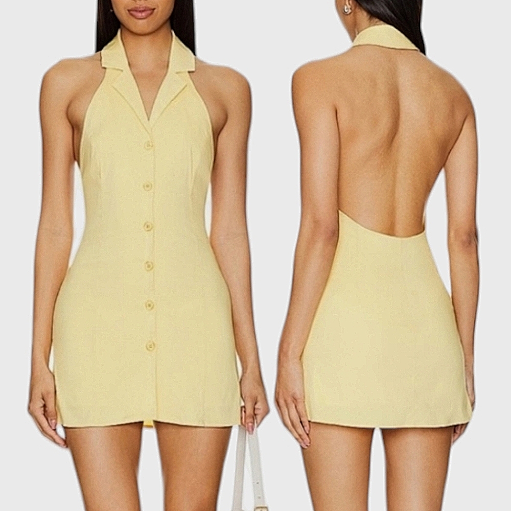 Halter Backless Button-Front Mini Dress in Pale Yellow